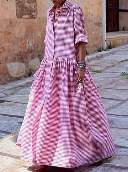 Vintage Button Plaid Maxi Dress