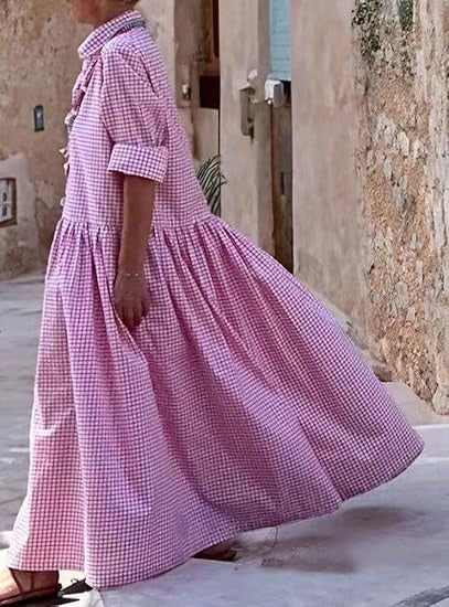 Vintage Button Plaid Maxi Dress