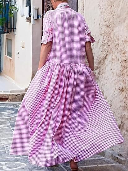 Vintage Button Plaid Maxi Dress