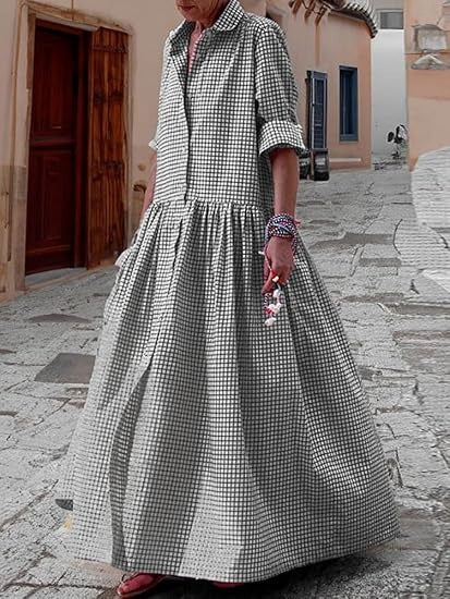 Vintage Button Plaid Maxi Dress