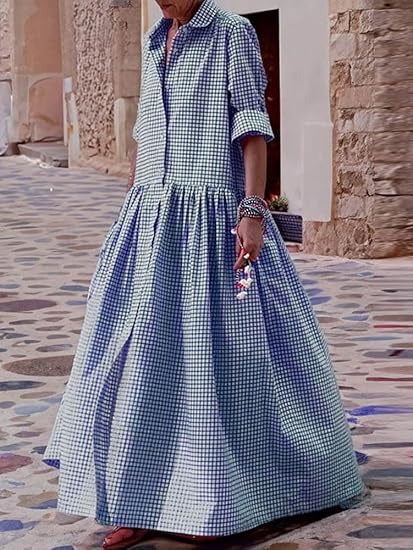 Vintage Button Plaid Maxi Dress
