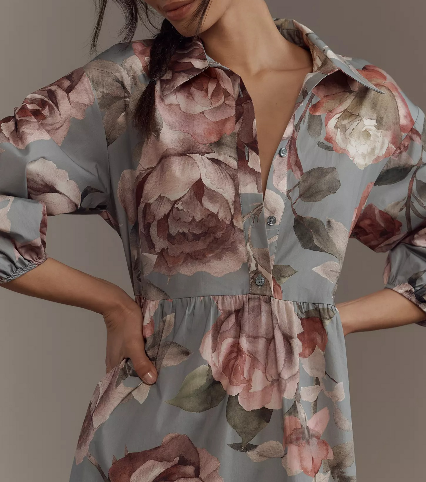Floral Print V Neck Shirt Dress