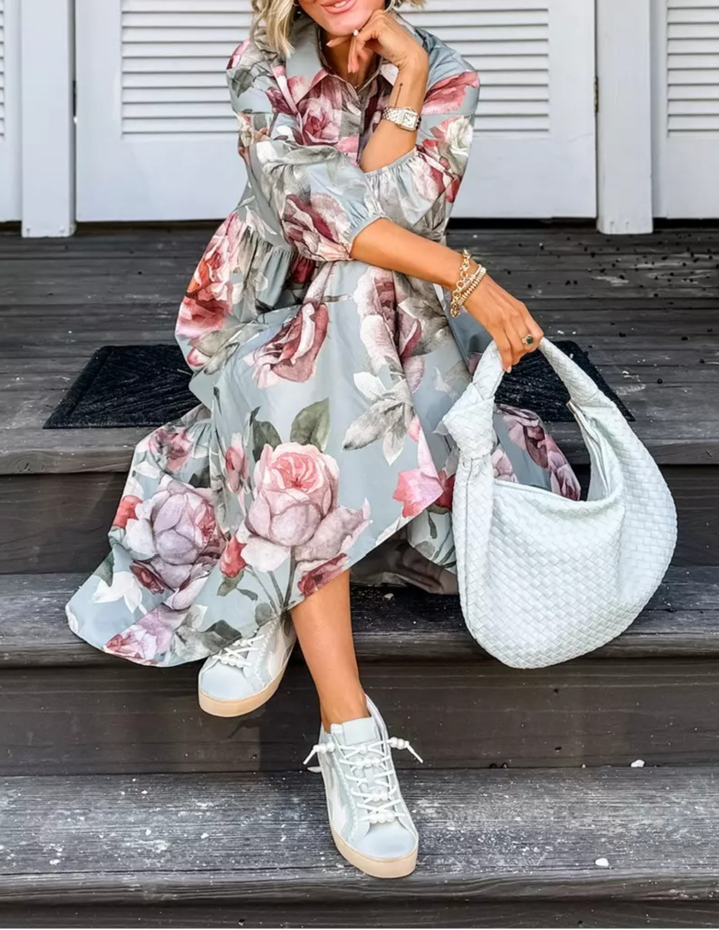 Floral Print V Neck Shirt Dress