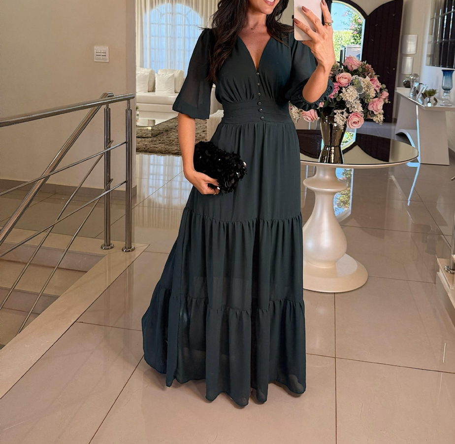 Elegant V Neck Button Maxi Dress