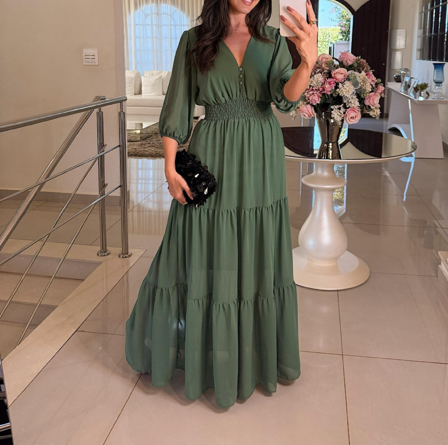 Elegant V Neck Button Maxi Dress