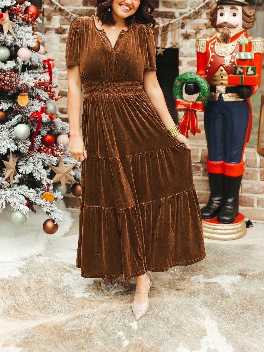 Vintage Velvet Pleated Long Dress