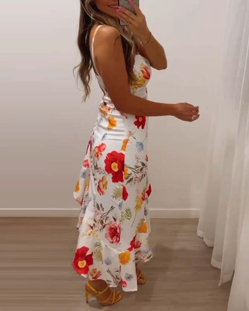 Floral Print Asymmetrical Hem Ruffles Square Neck Dress