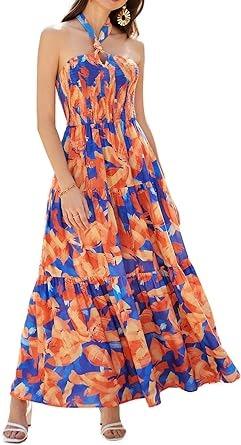 Women's Halter Neck Sleeveless Floral Flowy Dress