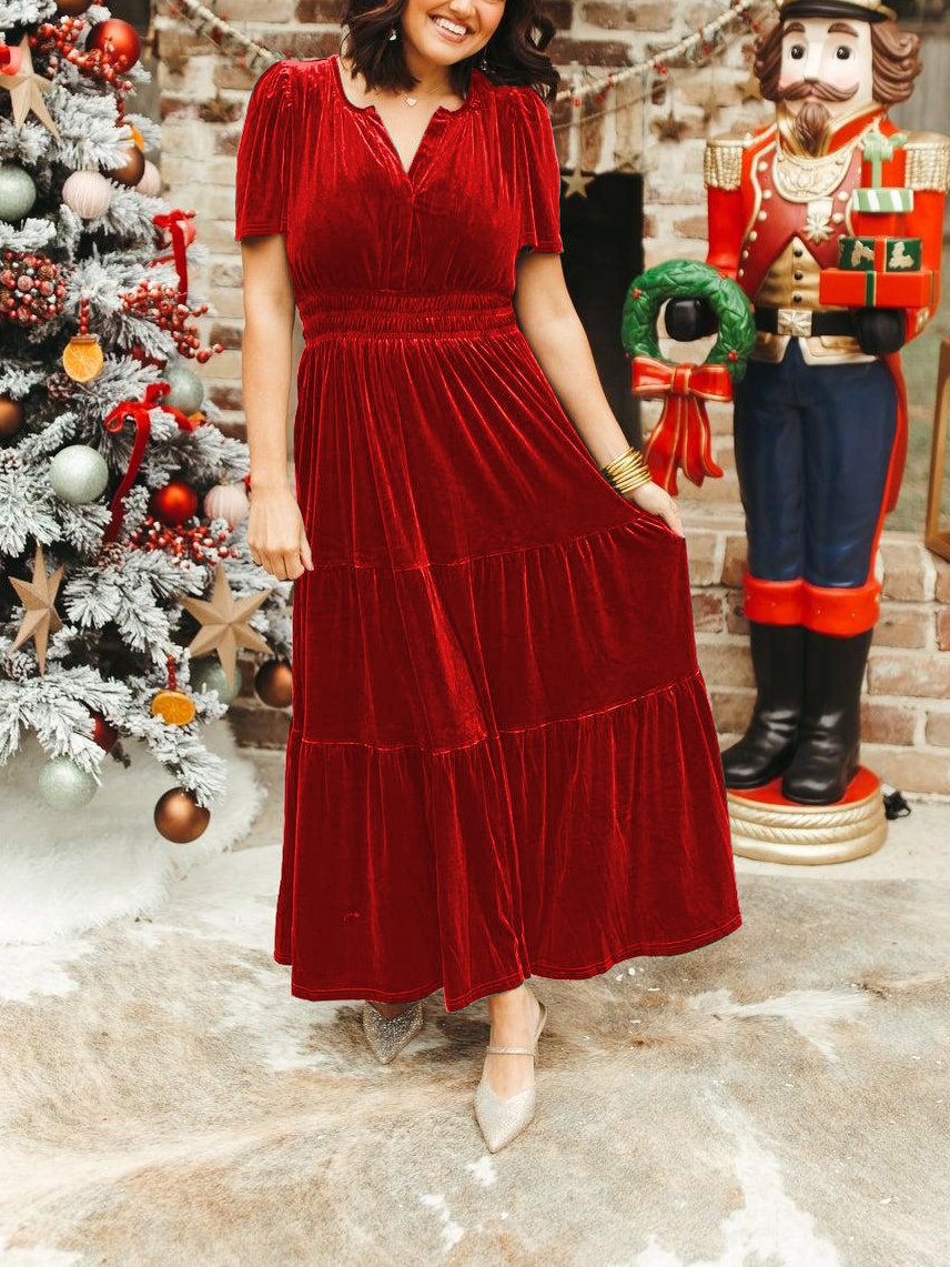 Vintage Velvet Pleated Long Dress
