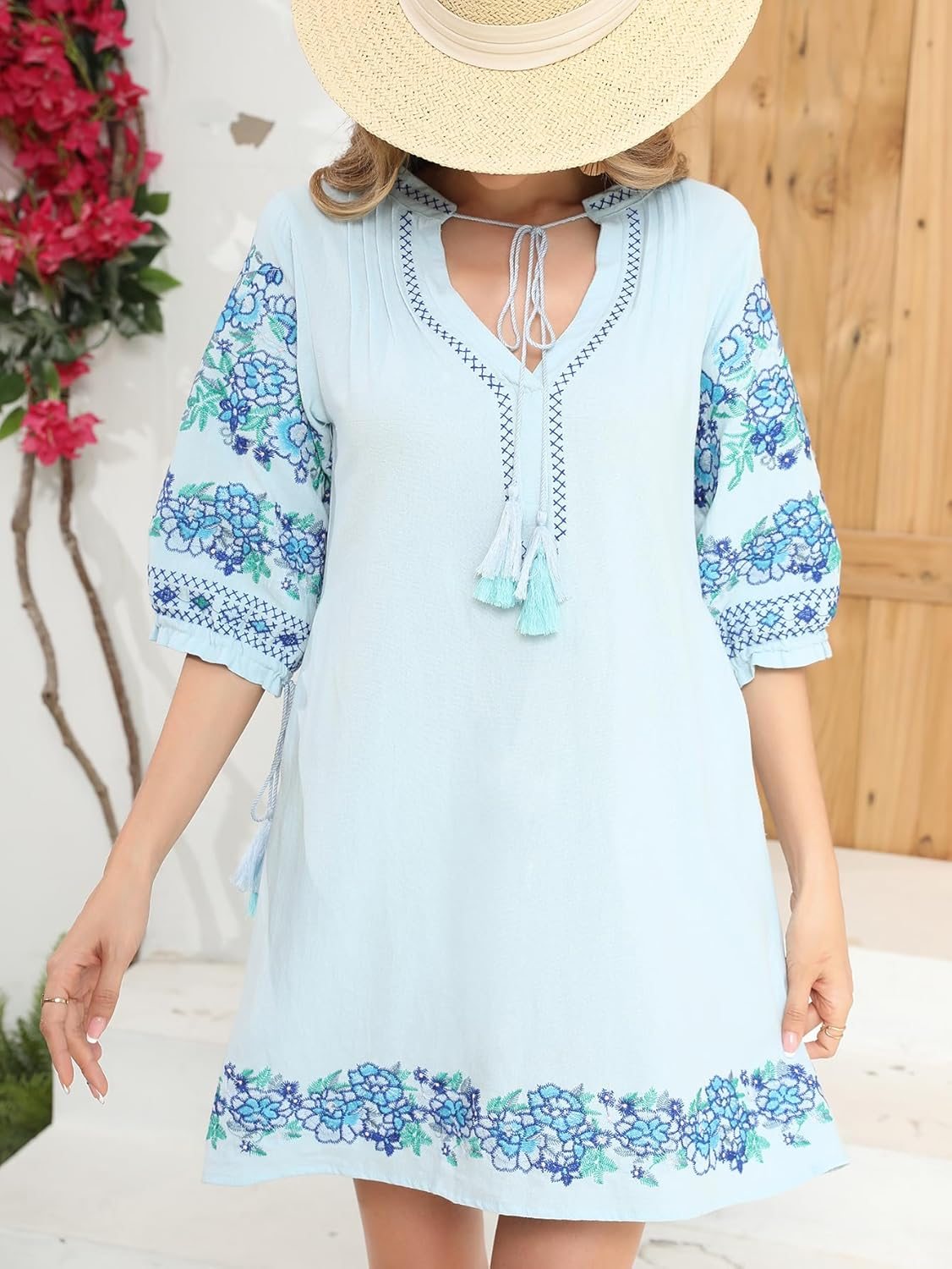 Women's V Neck Floral Embroidery Casual Tunic Dresses