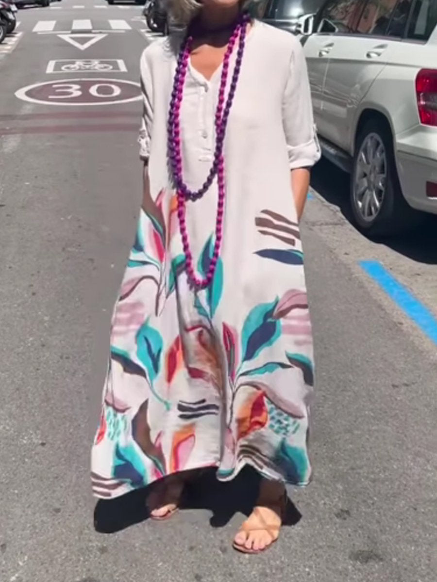Printed Long Sleeve Button Up Dress