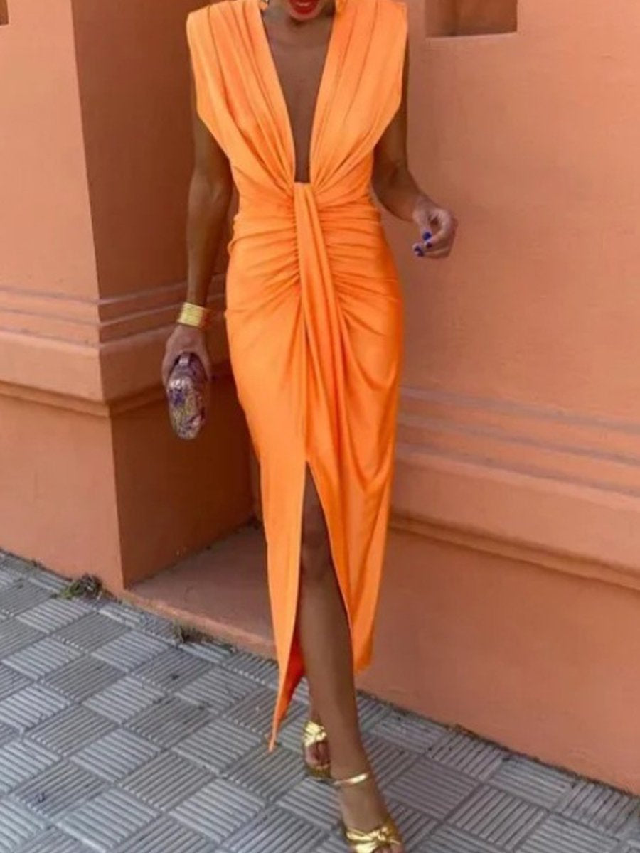Satin V Neck Pleated Sleeveless Dress