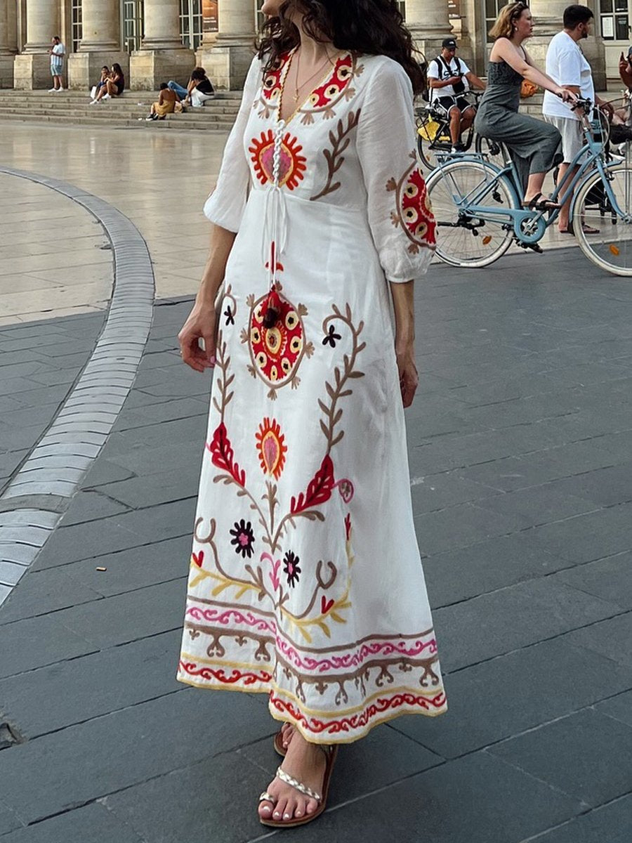 Embroidery Tie Up Long Sleeve Dress