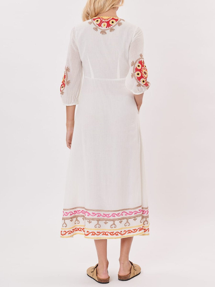 Embroidery Tie Up Long Sleeve Dress