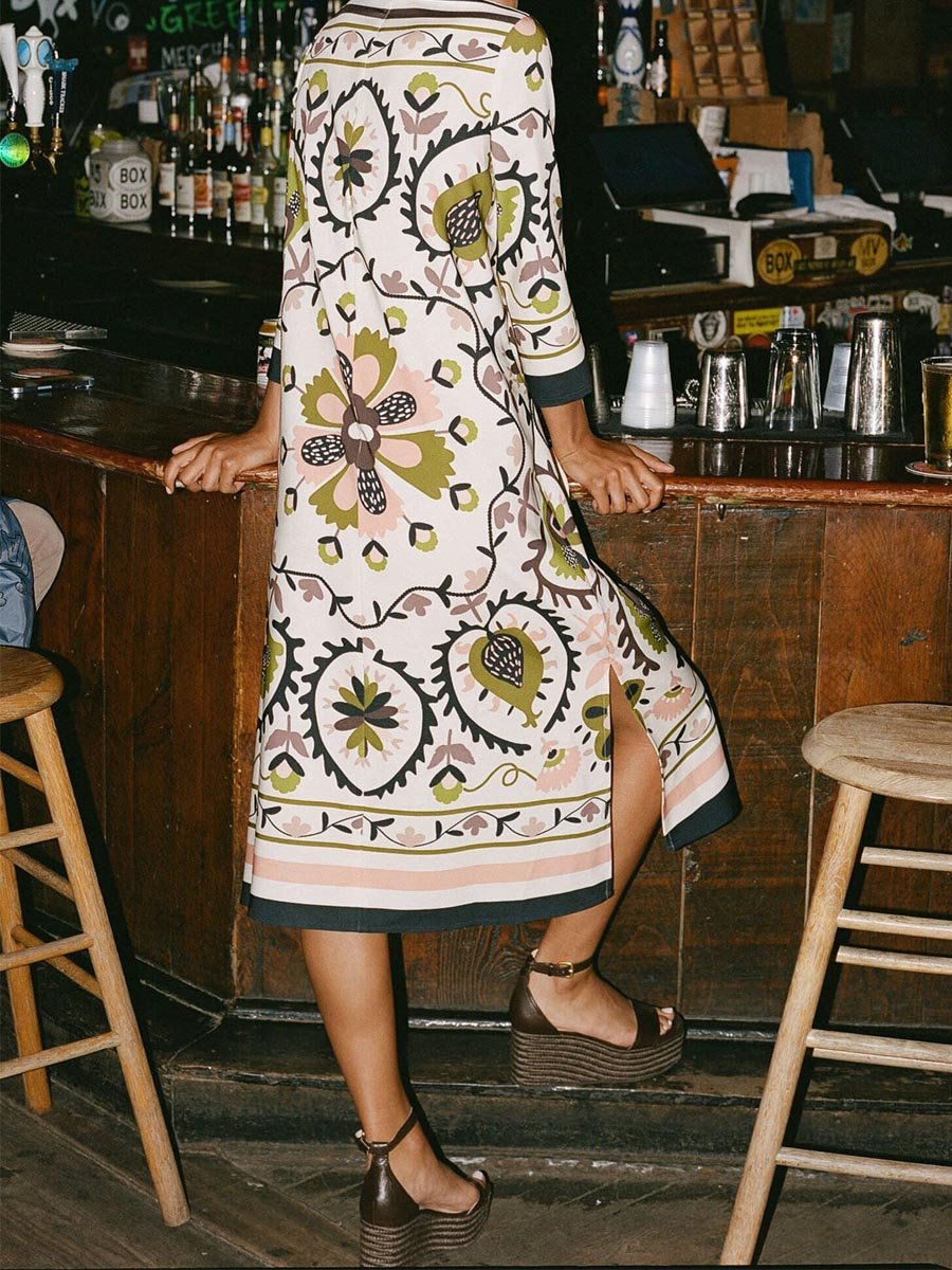 Round Neck Printed Slit Hem Dress