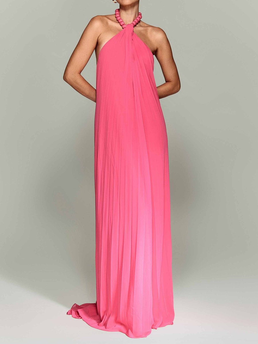 Halter Neck Backless Pleated Maxi Dress