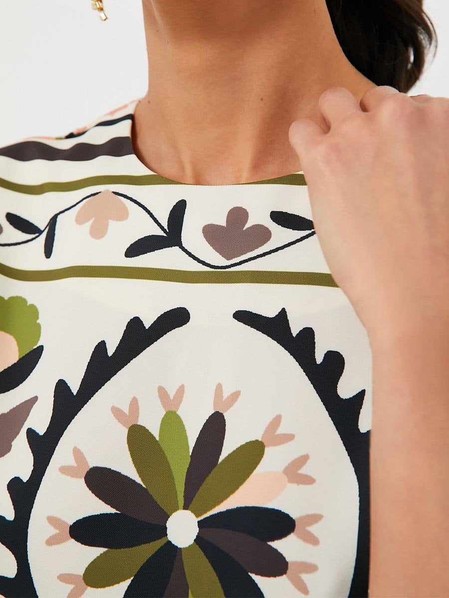 Round Neck Printed Slit Hem Dress