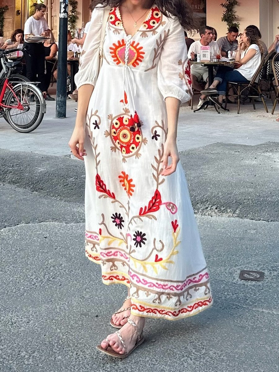 Embroidery Tie Up Long Sleeve Dress