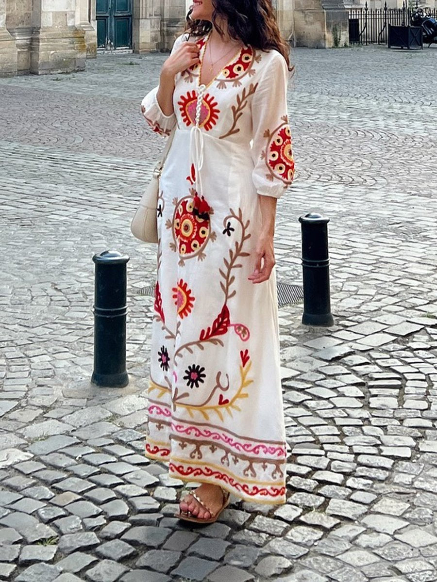 Embroidery Tie Up Long Sleeve Dress