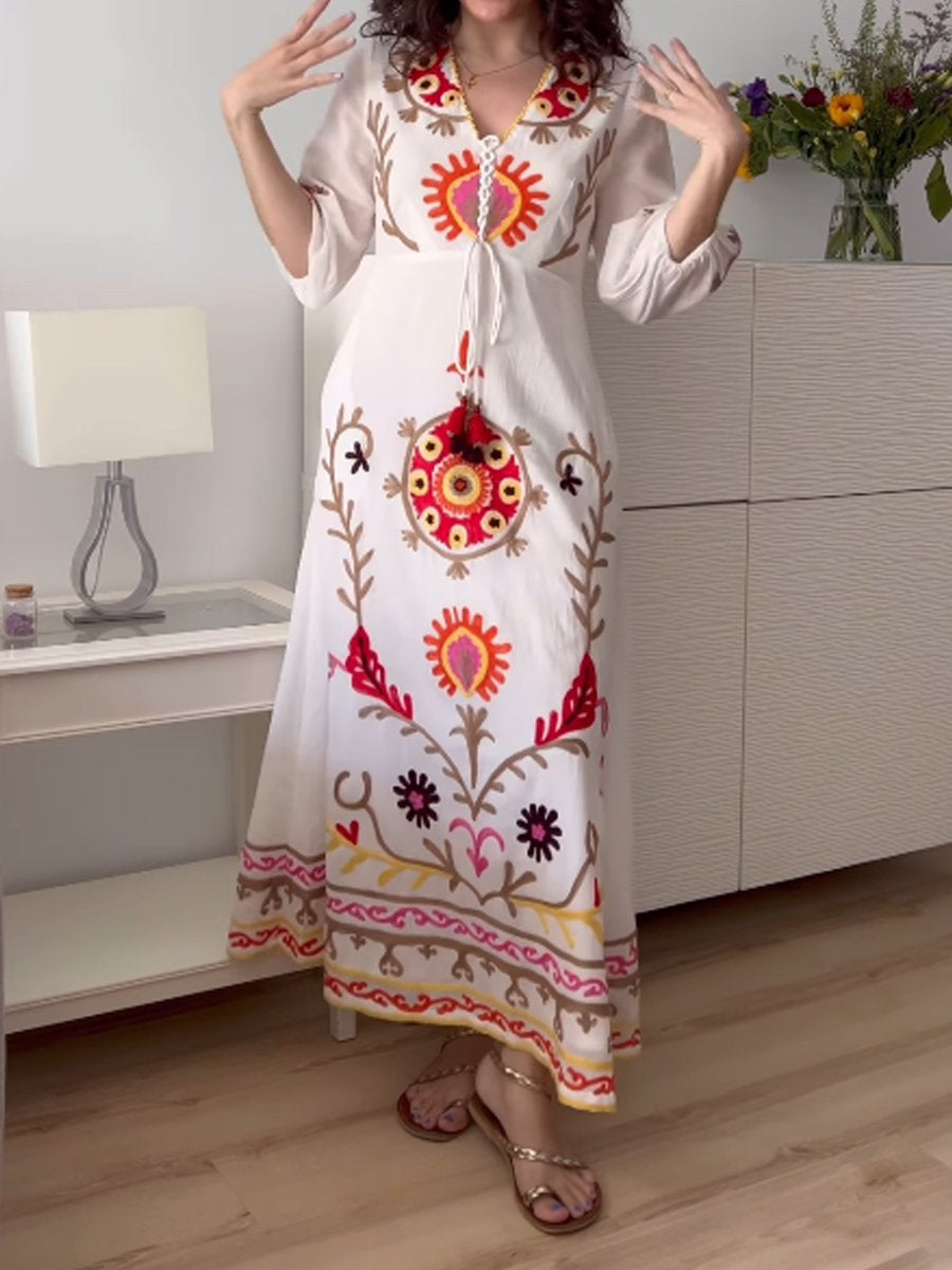Embroidery Tie Up Long Sleeve Dress