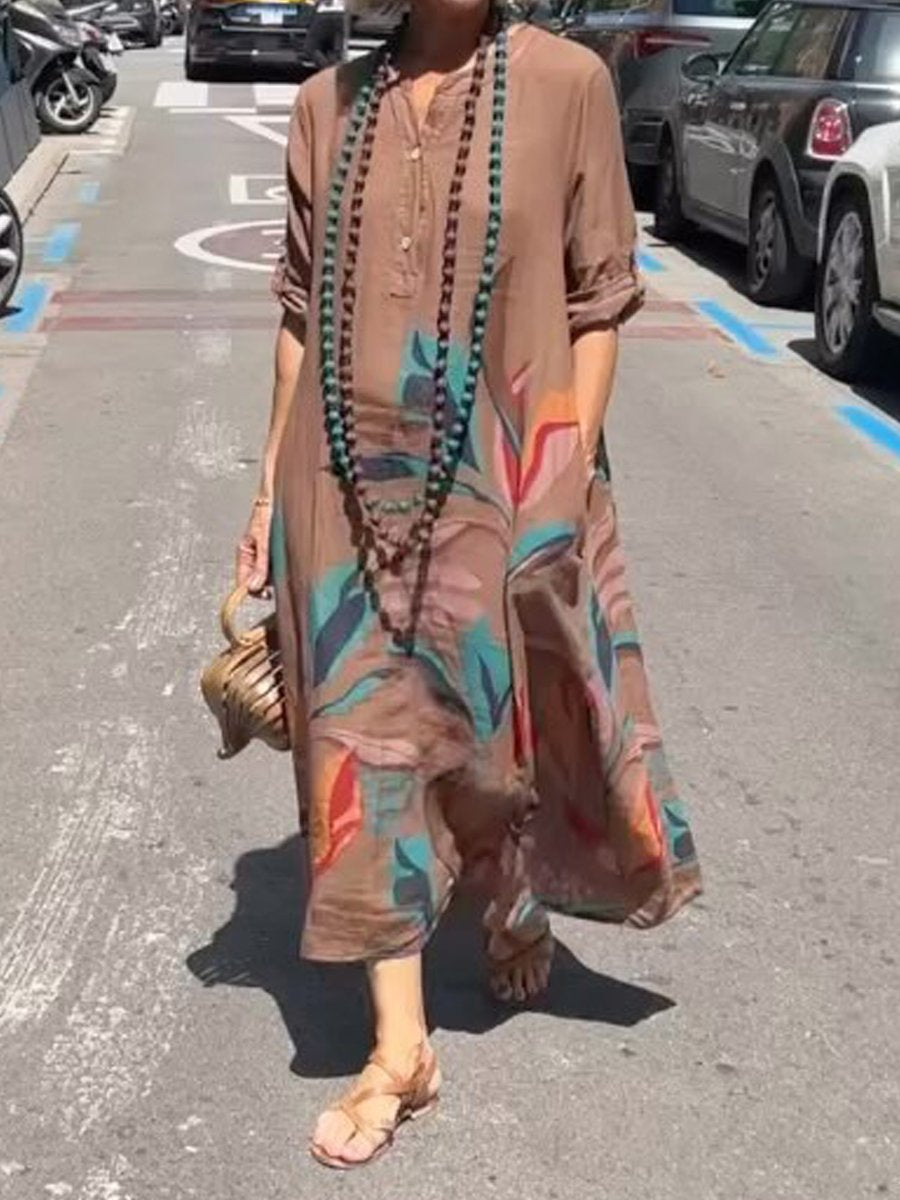 Printed Long Sleeve Button Up Dress