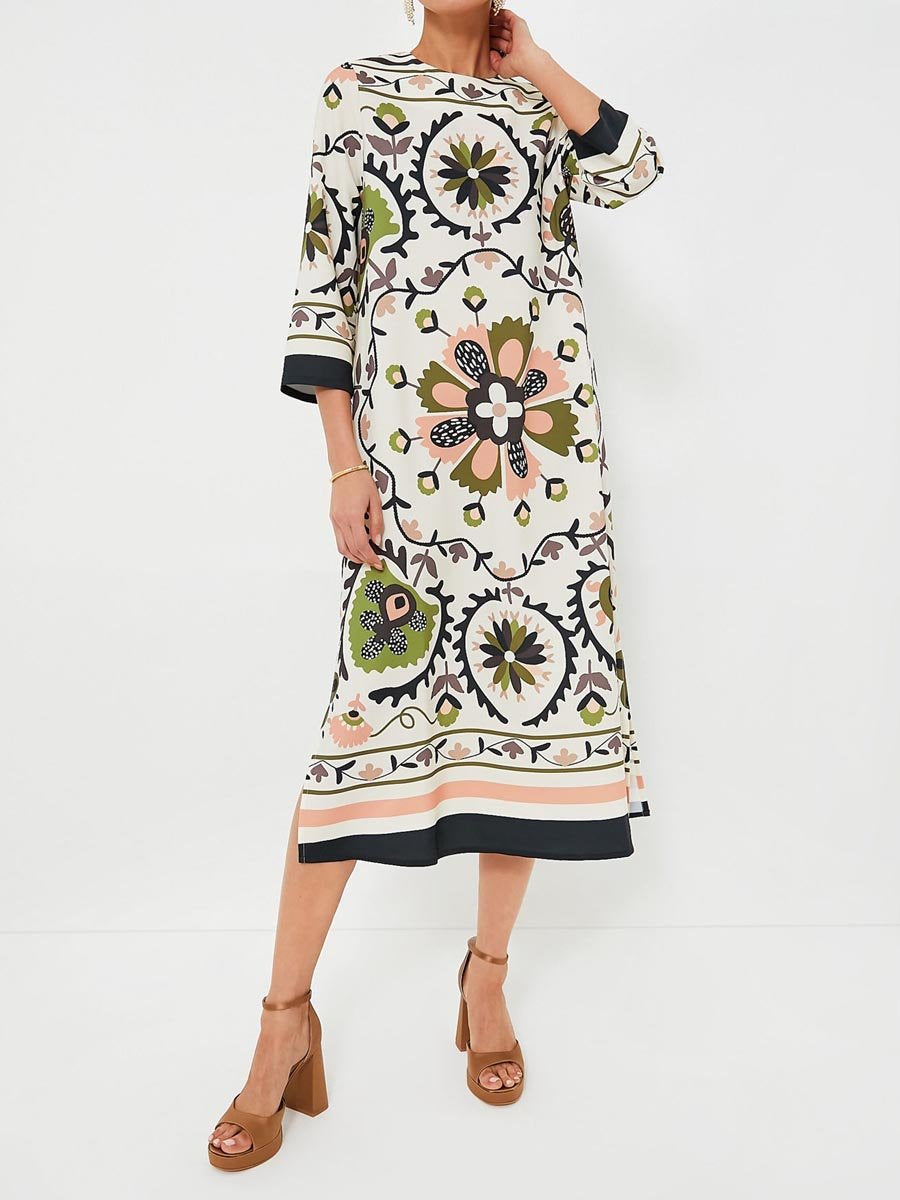 Round Neck Printed Slit Hem Dress