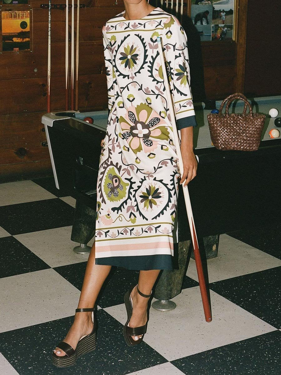 Round Neck Printed Slit Hem Dress