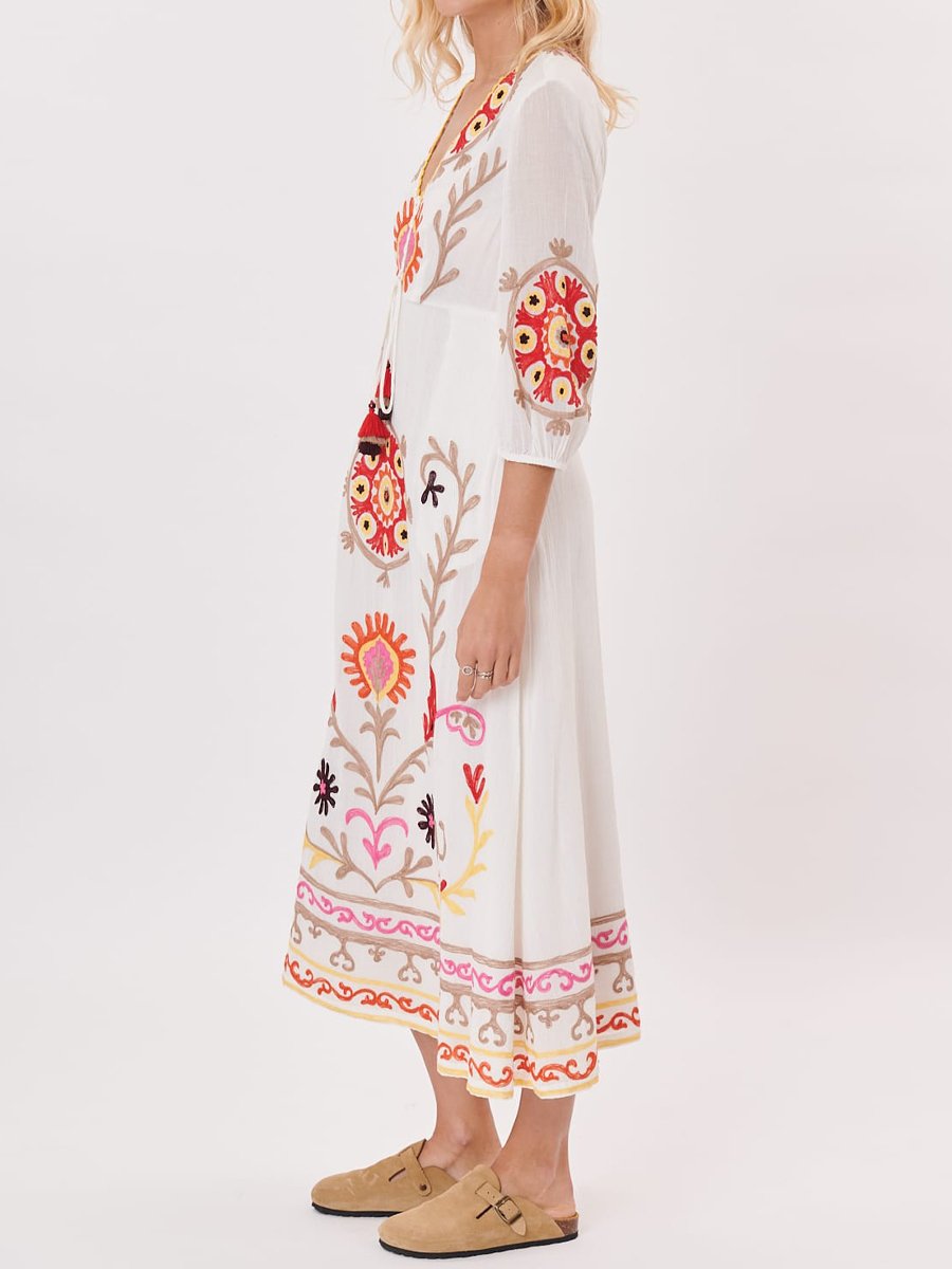 Embroidery Tie Up Long Sleeve Dress