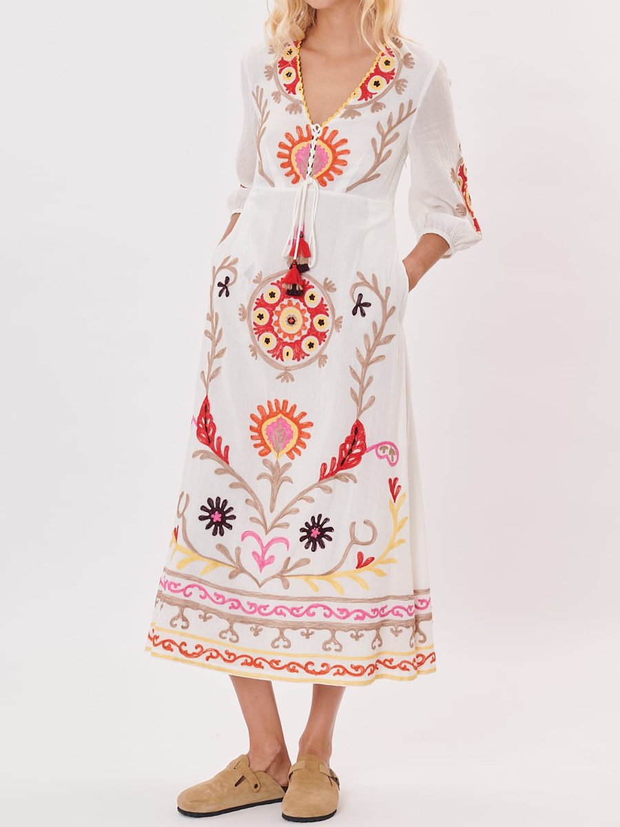 Embroidery Tie Up Long Sleeve Dress