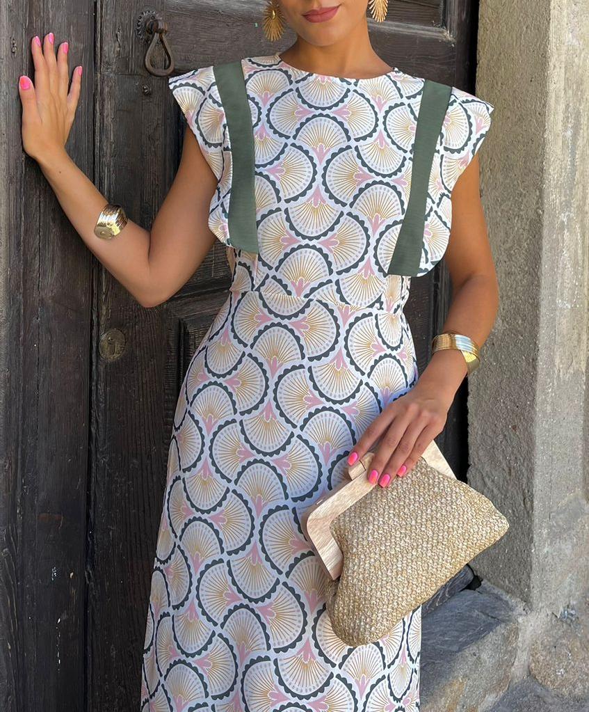 Elasticated Waist And Ruffled Shoulders Midi Dress