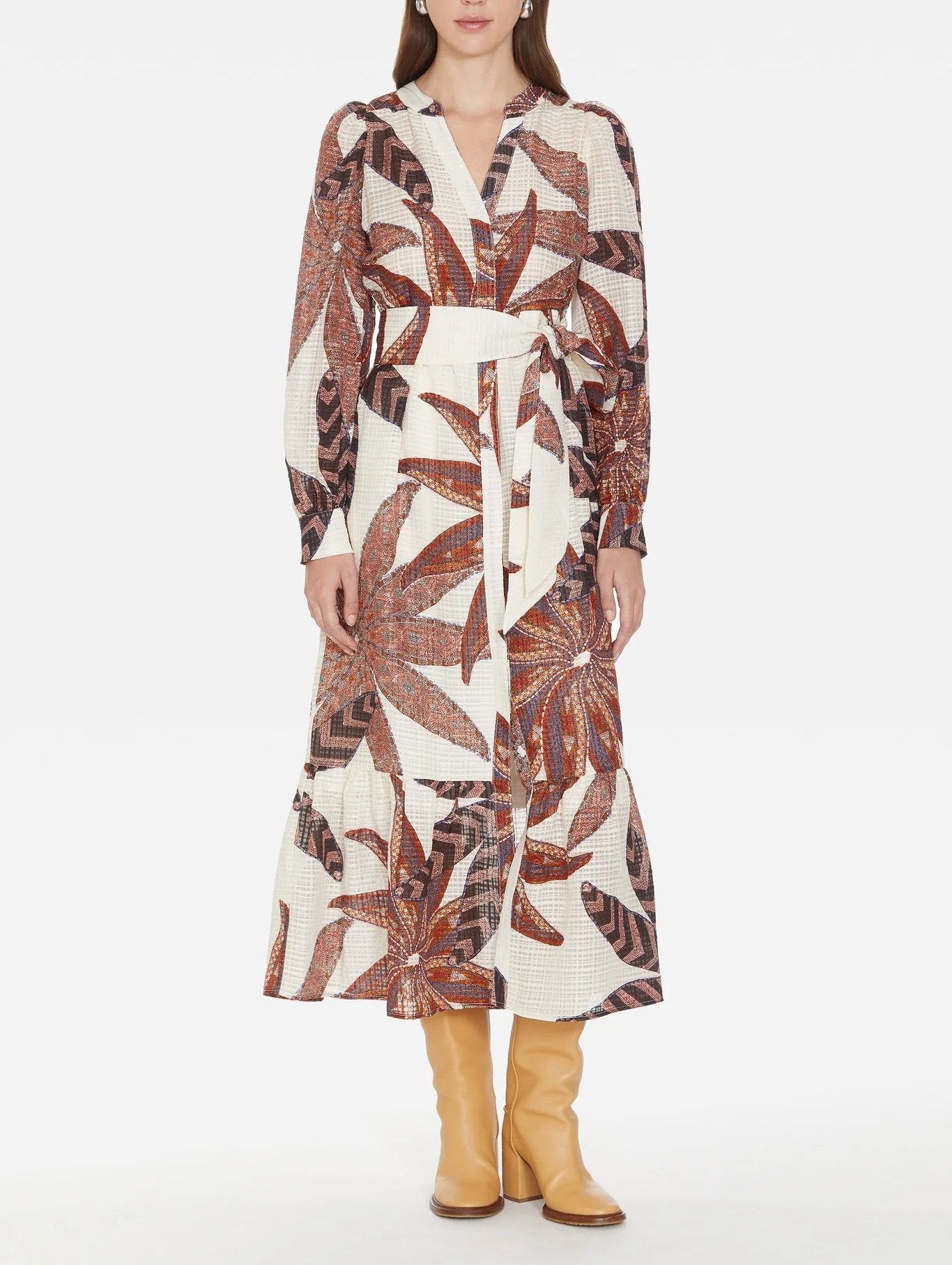 Lace Up Printed Long Sleeve Maxi Dress
