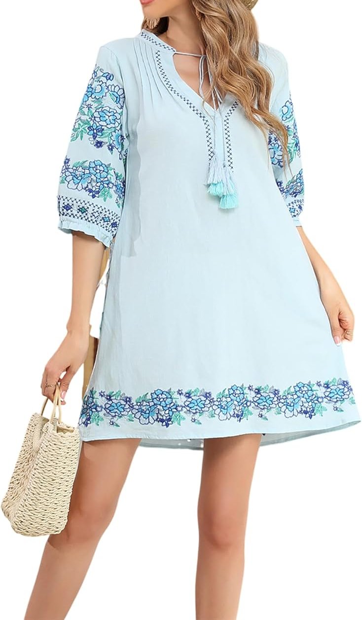 Women's V Neck Floral Embroidery Casual Tunic Dresses