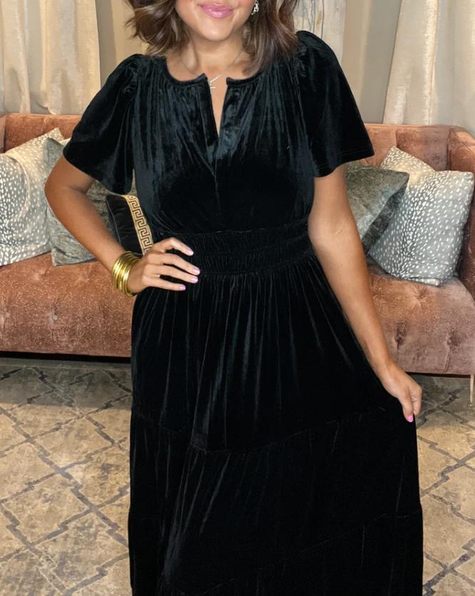 Vintage Velvet Pleated Long Dress