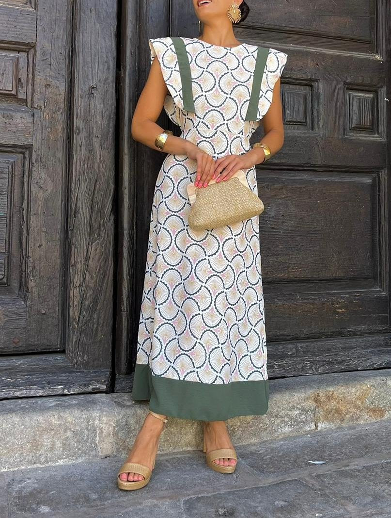 Elasticated Waist And Ruffled Shoulders Midi Dress