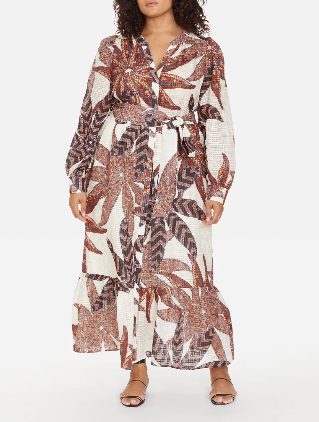 Lace Up Printed Long Sleeve Maxi Dress