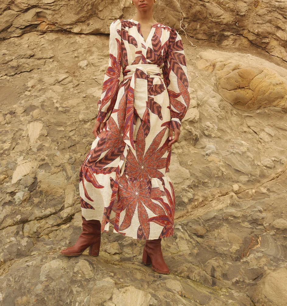 Lace Up Printed Long Sleeve Maxi Dress