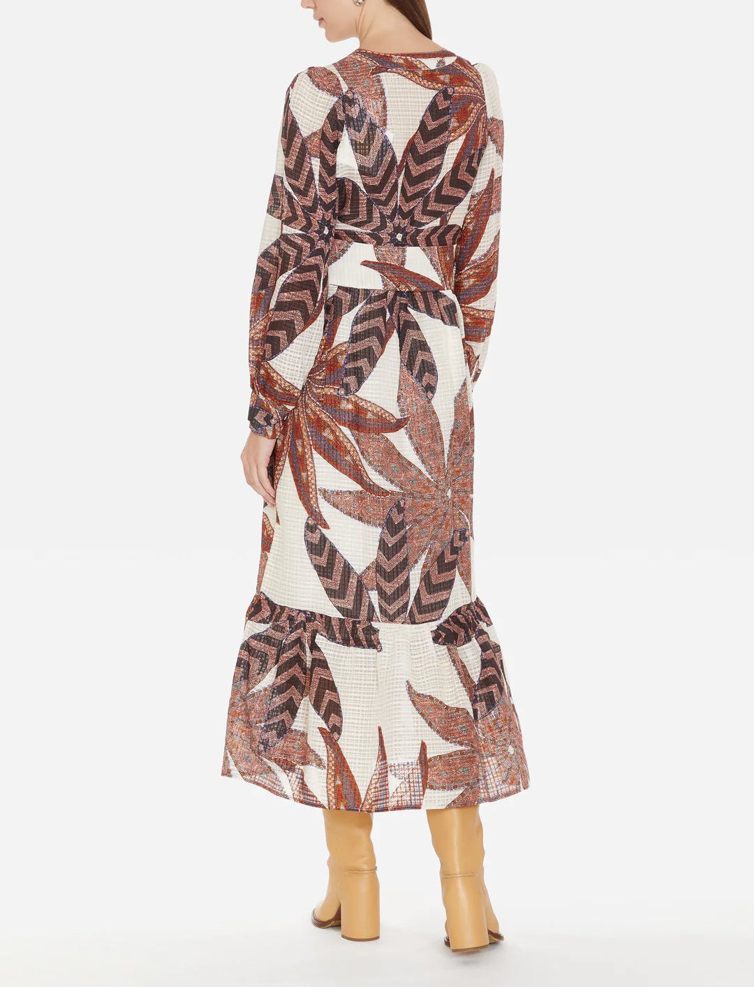 Lace Up Printed Long Sleeve Maxi Dress