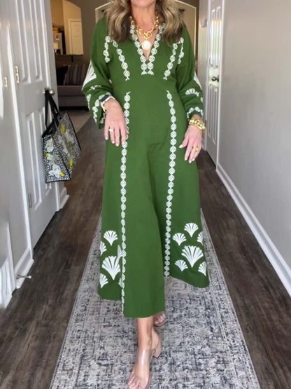 Placement Print V Neck Loose Dress