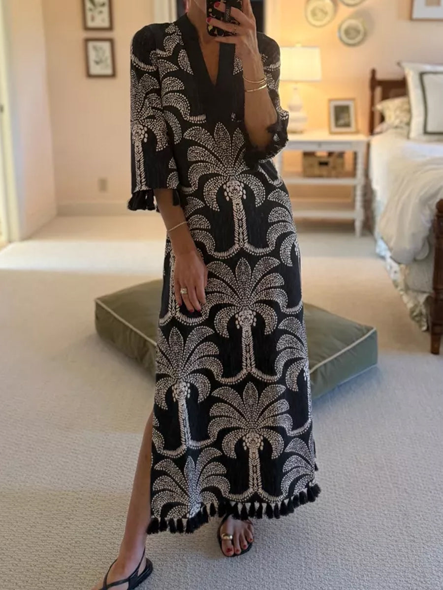 Tassel Trim Printed A-line Dress