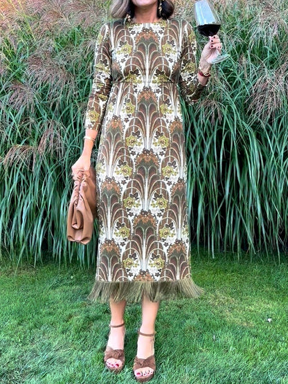 Floral Print Fringed Hem Midi Dress