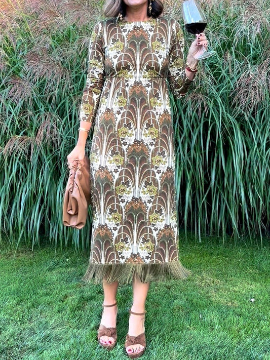 Floral Print Fringed Hem Midi Dress