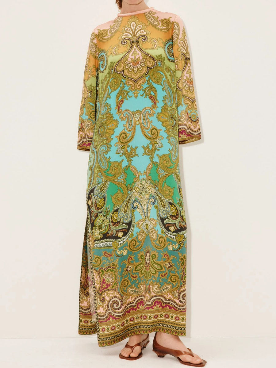 Printed Slit Hem Belted Satin Maxi Dress