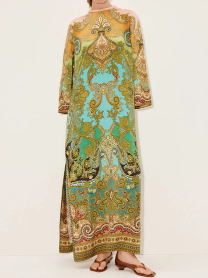 Printed Slit Hem Belted Satin Maxi Dress