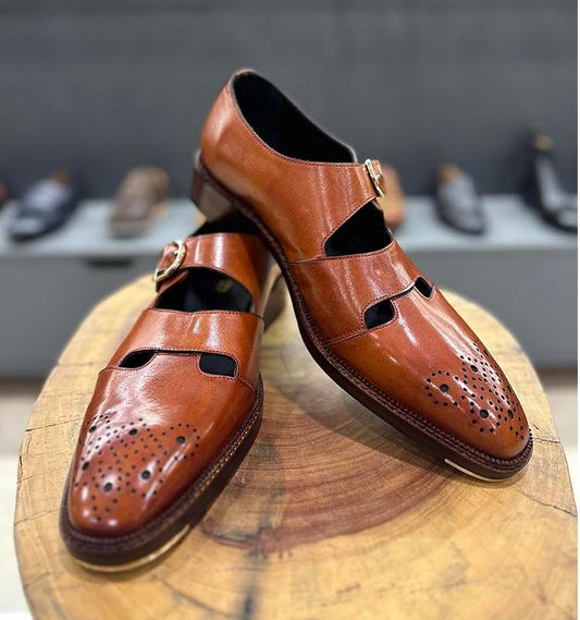 Tan Mirror Glossed Patina Medallion Sandals