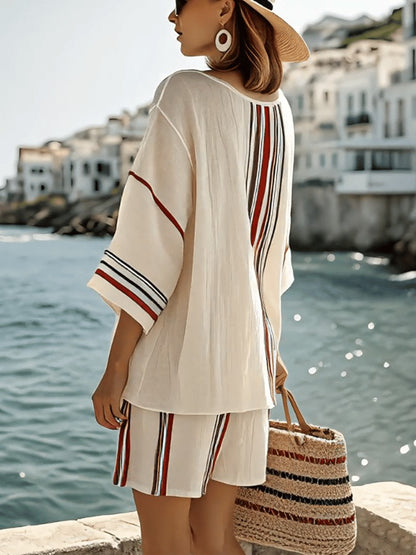 Comfy V-Neck Striped Print Two Piece Set