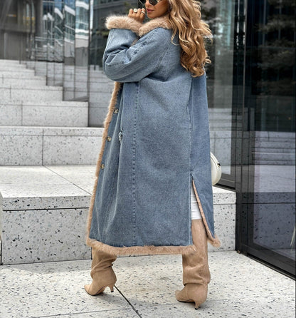 Long Denim Coat With Fur Trim(✔️Free Shipping)
