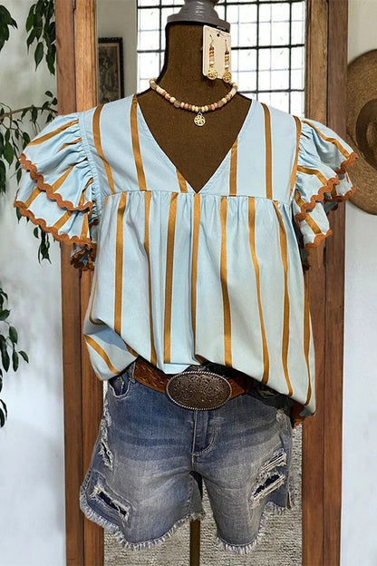 Ruffled Sleeve Striped Top