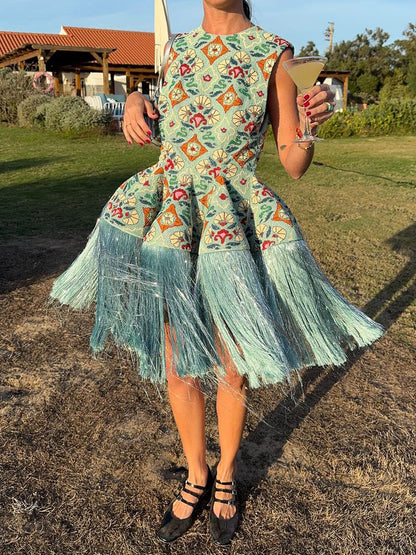 Printed Sleeveless Tassel Hem Party Dress