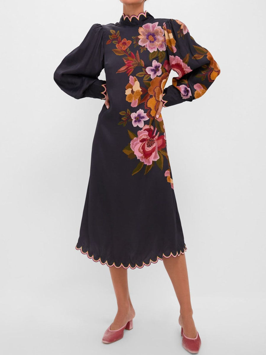 Elegant Flower Embroidered Scalloped Hem Dress
