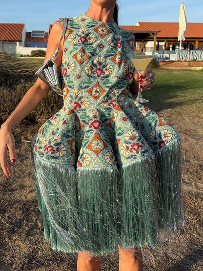 Printed Sleeveless Tassel Hem Party Dress